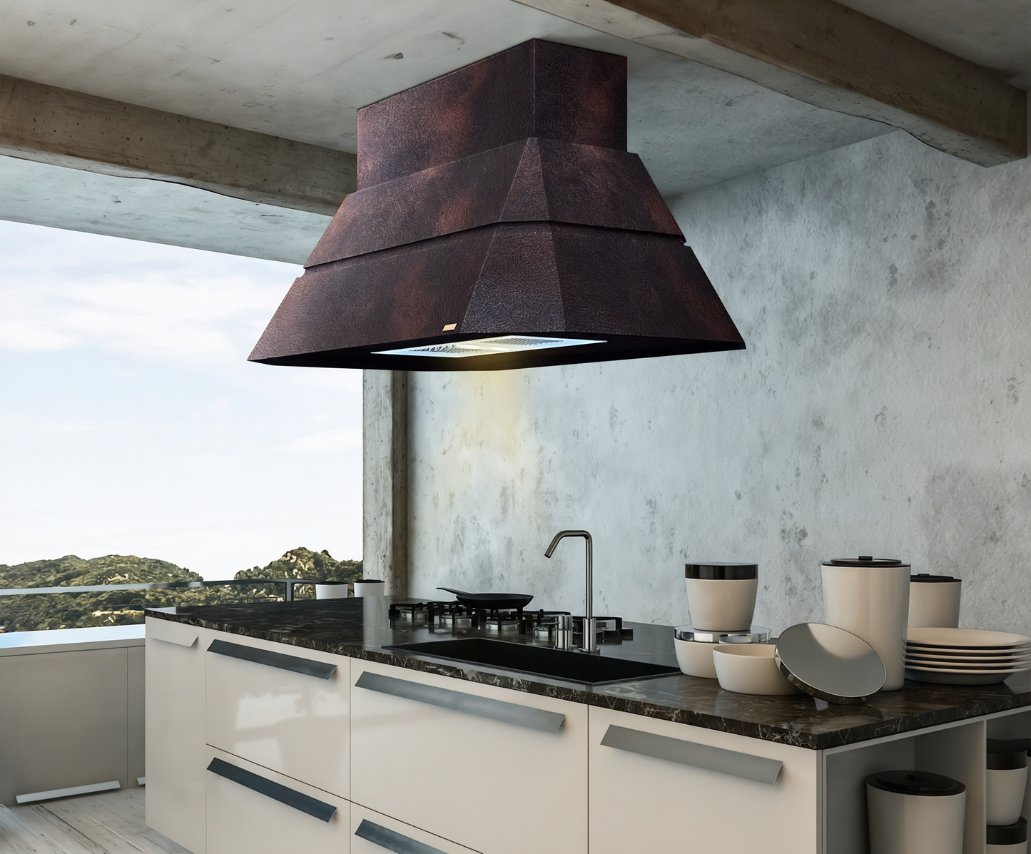 Premium Campana De Cocina Volcano Para Isla En Cobre Diseño Teotihuacán - ELEMENTO