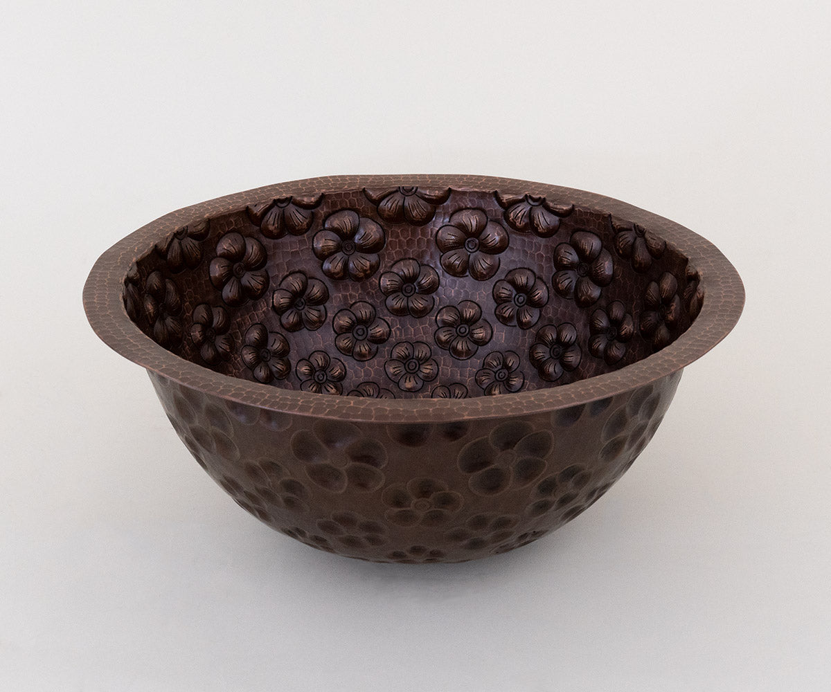 Premium Lavabo Redondo en Cobre con Diseño Flores de Violeta - ELEMENTO 