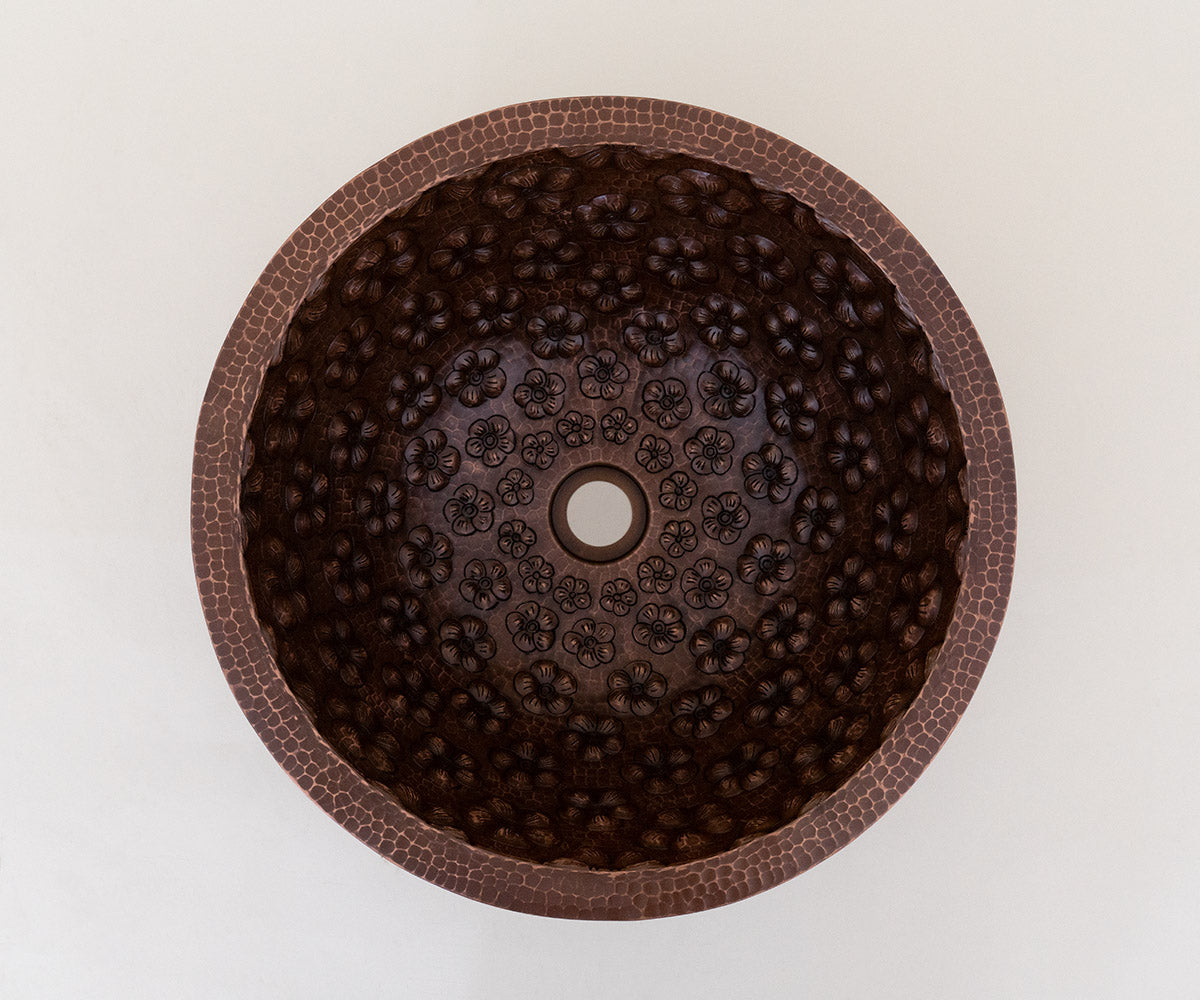 Premium Lavabo Redondo en Cobre con Diseño Flores de Violeta - ELEMENTO 