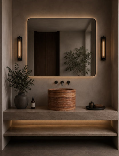 LAVABO MEDIO PEDESTAL Travertino Rojo 45cm diámetro x 45cm altura