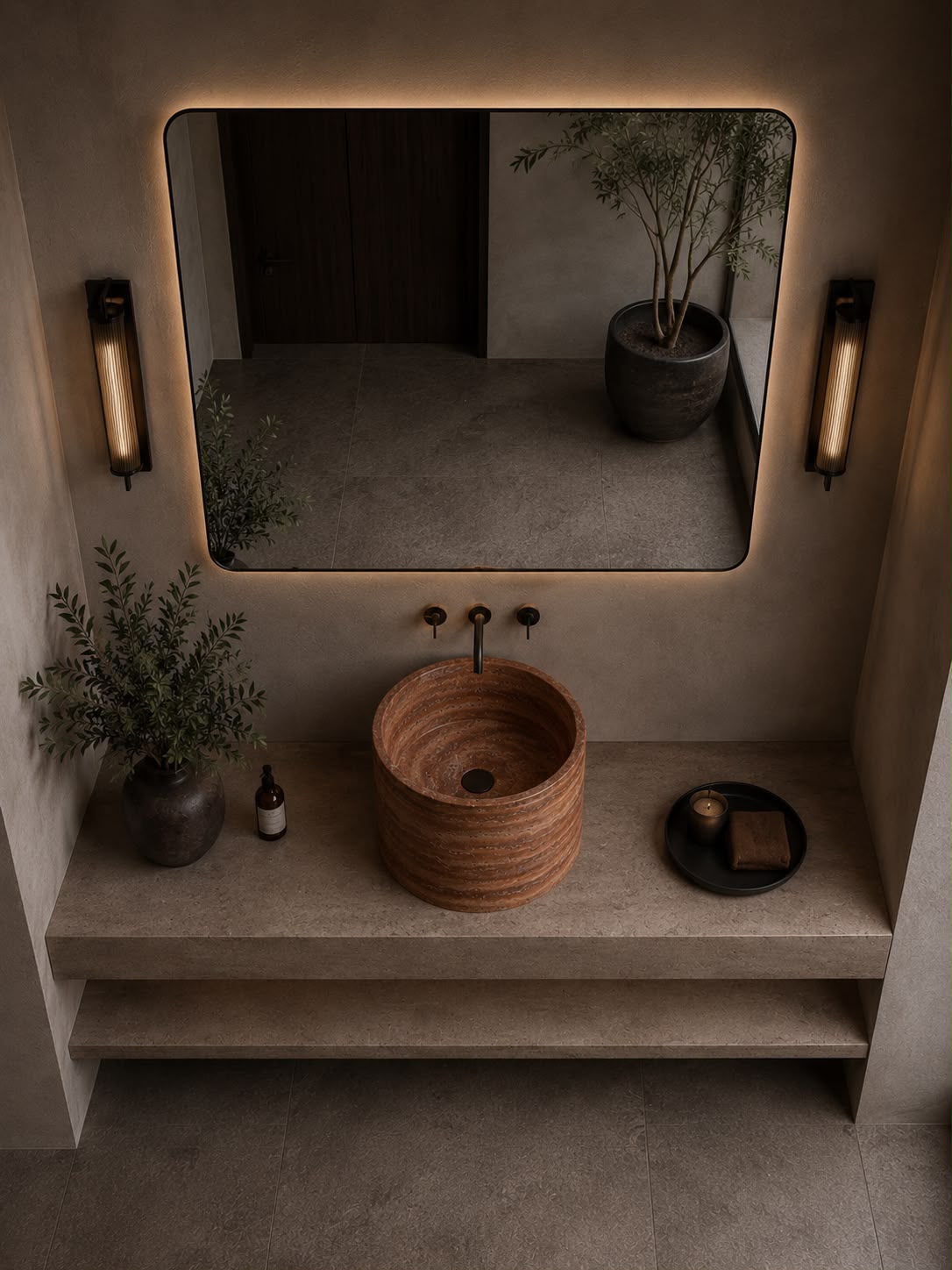 LAVABO MEDIO PEDESTAL Travertino Rojo 45cm diámetro x 45cm altura