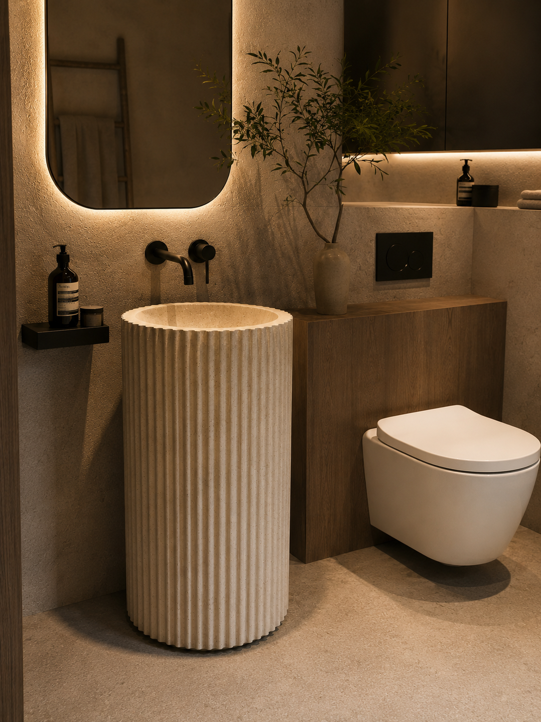 LAVABO TIPO PEDESTAL ESTRIADO MÁRMOL BEIGE 45*85 CM MODELO ATENEA