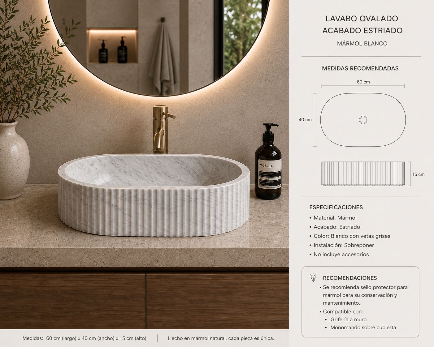 LAVABO OVALADO ESTRIADO MODELO TRAZO  60x40x15