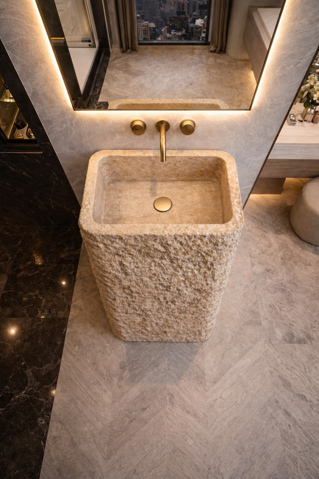 LAVABO TIPO PEDESTAL MÁRMOL BEIGE  45X45X90CM MODELO HAWAI - ELEMENTO 