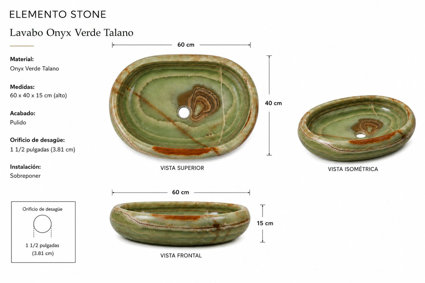 LAVABO OVALADO ÓNIX VERDE TALAN 60x40cm.